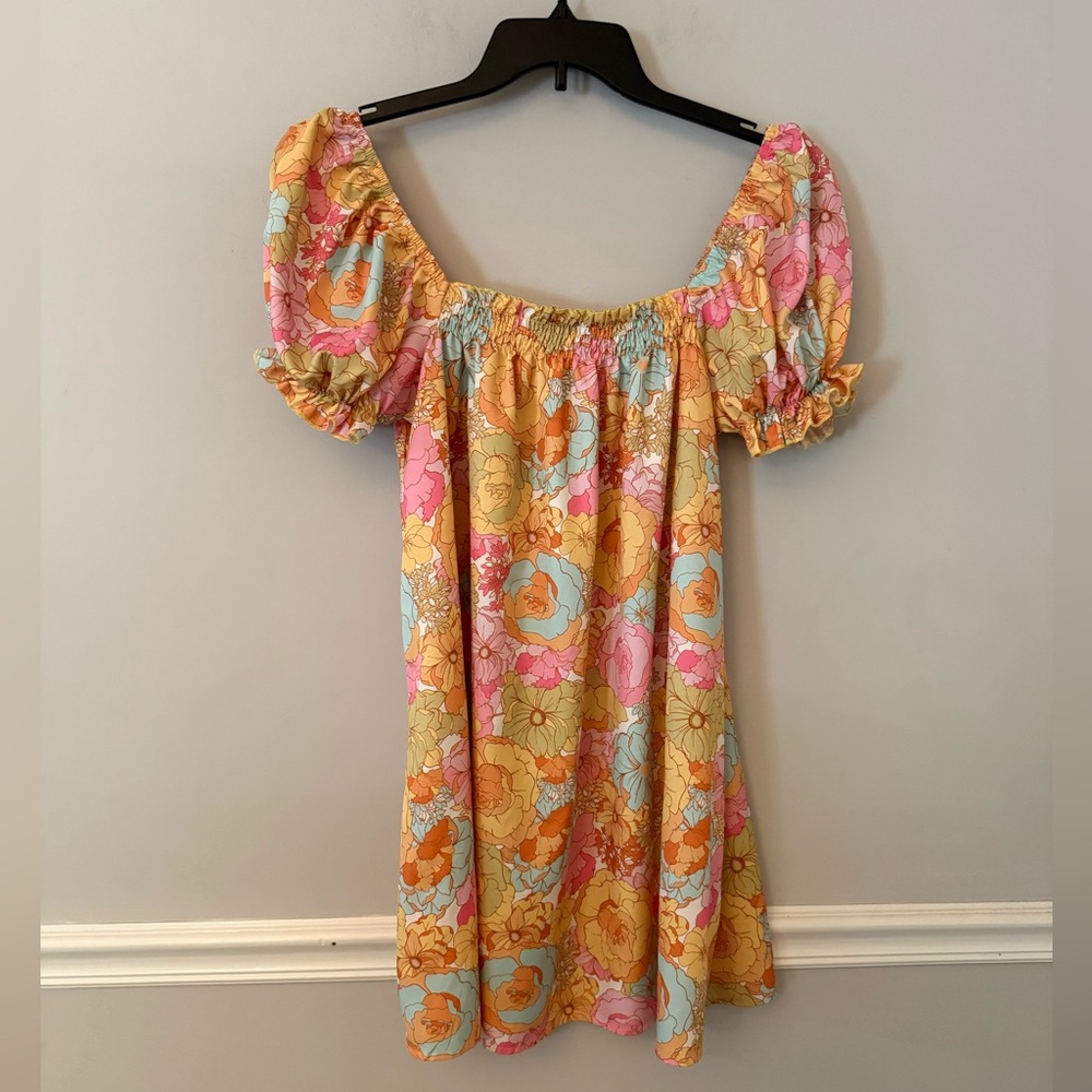 SHEIN orange blue pink fall colors off shoulder 
 short dress or tunic. S